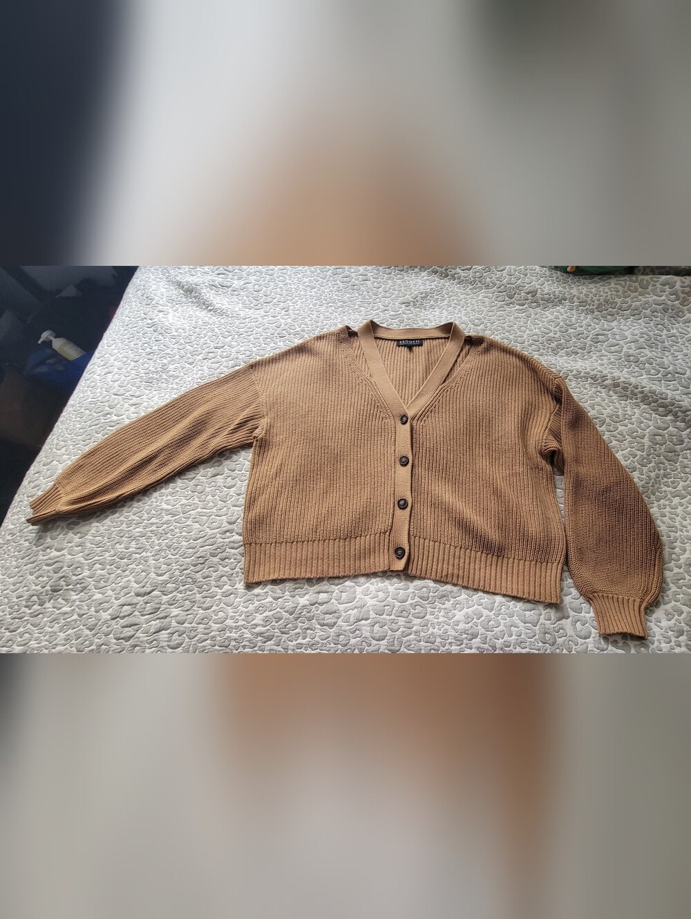 Eloquii Tan Ribbed V-Neck Button Front Cardigan